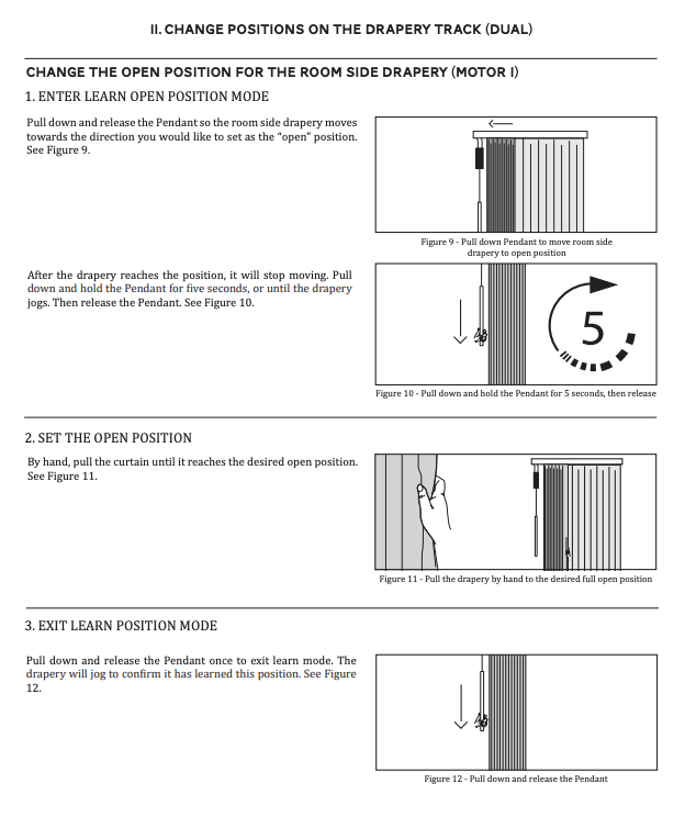 Hand pulling drapery panel open on dual SilenTrac track to set open position limit