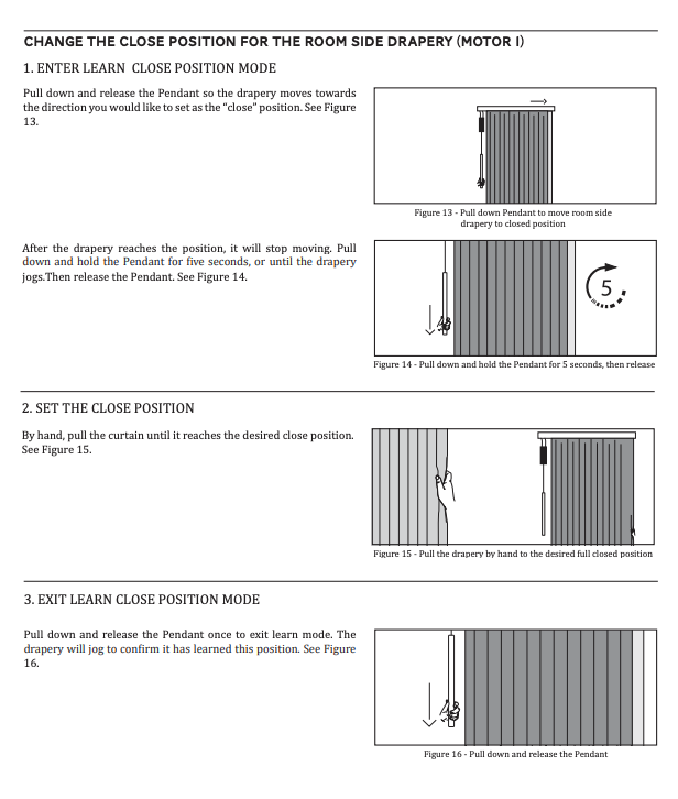 Four-step diagram showing how to change the close position for room side drapery Motor 1 using the Pendant control