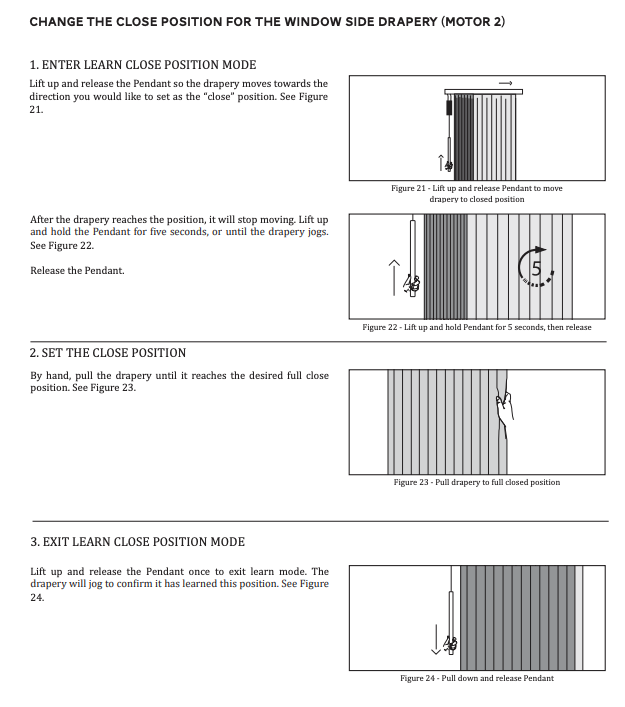 Four-step diagram showing how to change SilenTrac Motor 2 close position using Pendant control, with figures 21-24