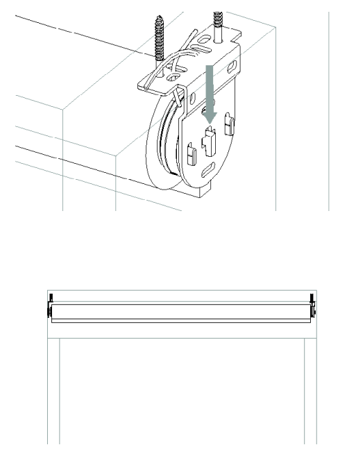 Nano shade roll being clipped into ceiling-mounted bracket, with arrow indicating downward installation direction