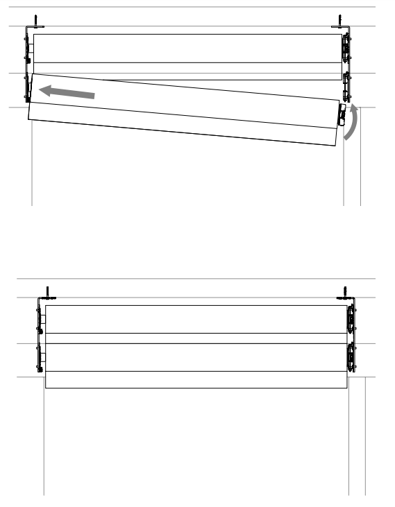 Top diagram showing roll tilted at angle during insertion; bottom diagram showing roll seated level in brackets.