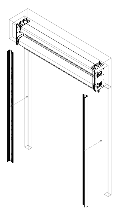 Nano headrail mounted in ceiling with two side channels separated below, shown in exploded isometric view