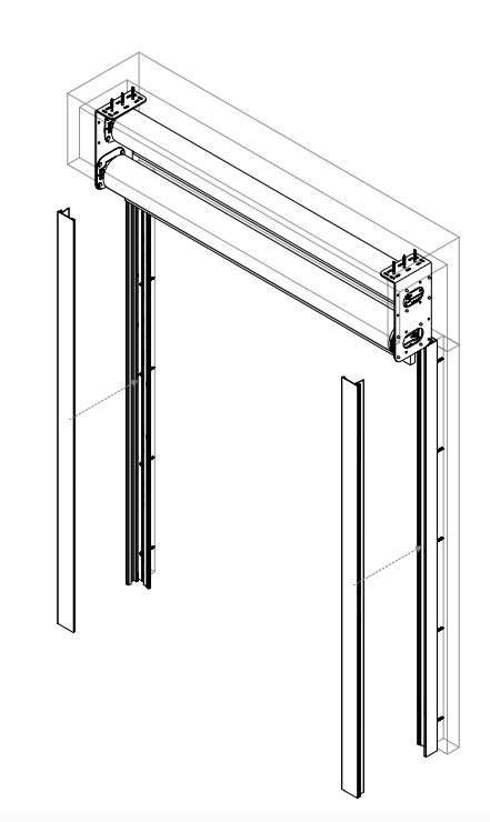 Nano headrail with two side channels exploded away from left and right end brackets