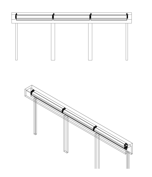 Front and isometric views of Nano shade bracket and roll assembly mounted on support legs
