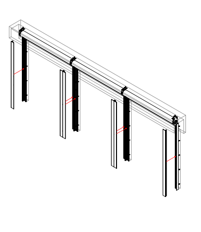 Four Nano side channels hanging from ceiling-mounted track rail, with red indicator arrows marking alignment points