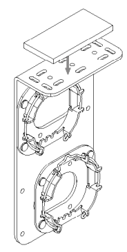 Exploded diagram showing leveling shim plate aligning onto dual shade mounting bracket assembly