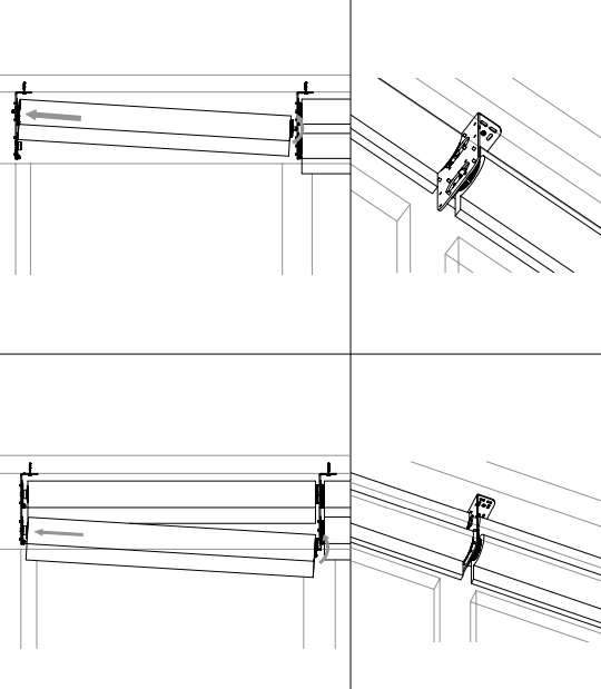 Two-panel diagram showing roller shade roll installation into idler and motor side brackets, top and bottom positions shown