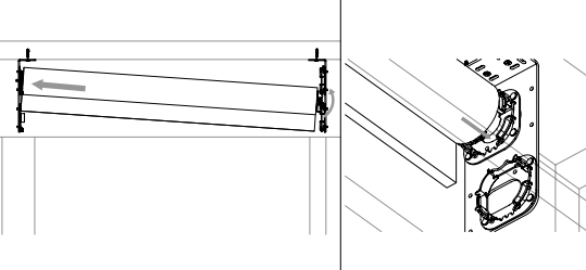 Shade roll sliding left into mounted ceiling pocket brackets, with idler and motor side bracket detail shown