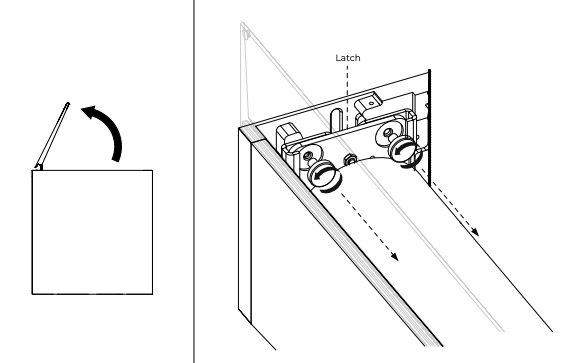 Open cassette door rotates up left; right diagram shows latch location and material roll sliding out on dashed arrow path.