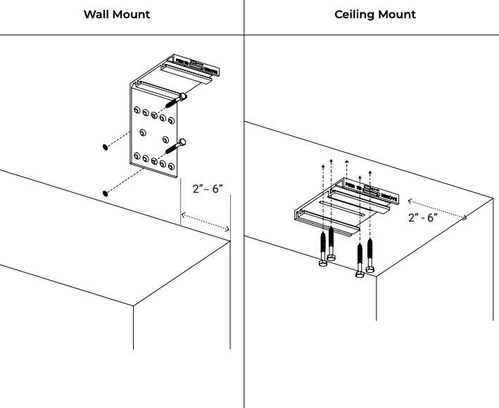 Diagram comparing wall mount and ceiling mount bracket placement, showing 2-6 inch spacing from ends with screws and hardware.