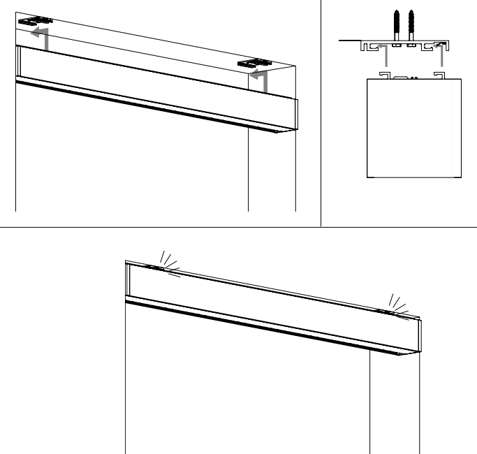 Zen 2 cassette hooking onto wall brackets and clicking into place, with cross-section detail showing bracket engagement and screws