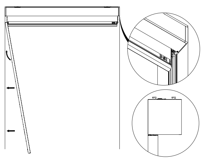 Side track angled away from cassette with callouts showing top corner connection and bottom track clip detail