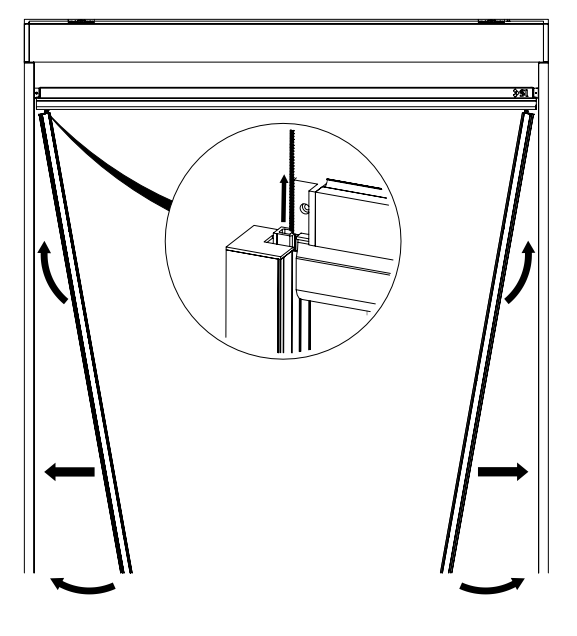 Side tension bars angled outward with arrows showing swing and slide adjustment directions, inset detail of bracket connection point