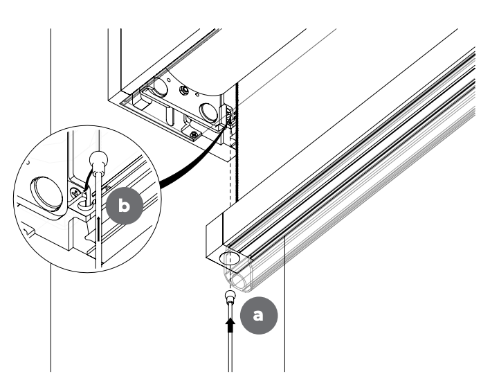 Diagram showing thru-bolt screw inserting into cassette base (a) with callout detail of internal latch mechanism (b)