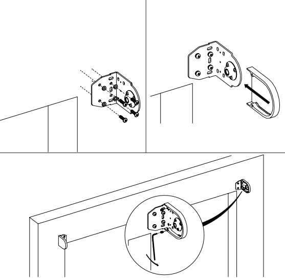 Two-part diagram showing bracket screw installation on wall, then cable routing through mounted bracket with close-up detail