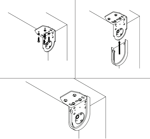 Three-step diagram showing corner bracket mounting: screwing bracket to wall, attaching U-shaped clip, and fully assembled bracket in place.