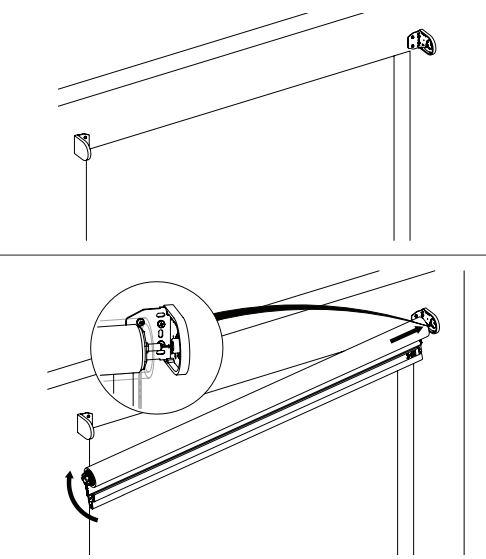 Two-part diagram showing Zen 2 Shade material roll installation into ceiling-mount brackets, with callout detail of idler shaft clicking into bracket bushing.
