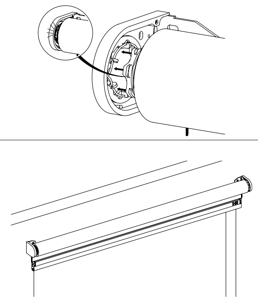 Top: inserting idler shaft into Zen 2 bracket bushing with magnified detail view. Bottom: installed Zen 2 material roll mounted between two brackets on wall.