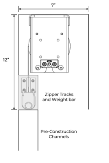 Diagram showing 7-inch wide by 12-inch tall pocket with zipper tracks, weight bar, and pre-construction channels labeled