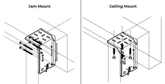 Jam Mount and Ceiling Mount bracket installation diagrams showing screw placement and orientation for each method