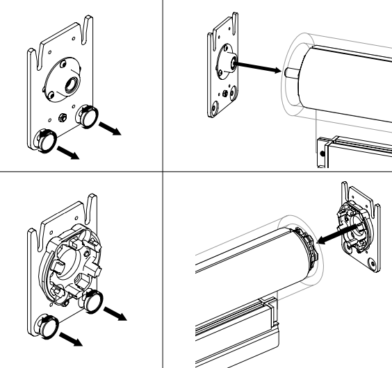 Four-panel diagram showing motor bracket insert and idler side assembly steps for Zen 2 Shade material roll installation