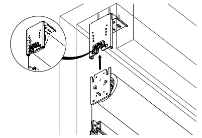 Mounting plate sliding up into ceiling pocket bracket, with close-up inset showing bracket detail