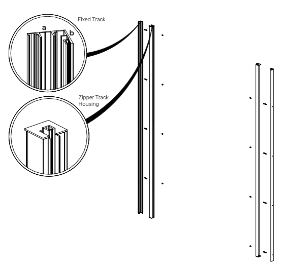 Diagram showing Fixed Track cross-section with labels a and b, Zipper Track Housing cross-section, and two full-length side track assemblies