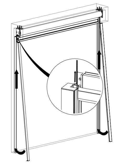 Diagram showing zipper track being slid upward and clicked into mounted shade bracket, with detail callout of corner connection point.