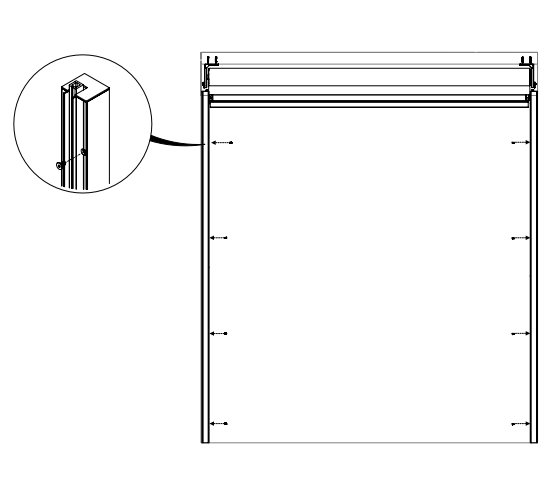 Diagram showing Zen 2 zipper track mounted plumb alongside fabric with callout detail of track cross-section and screw placement arrows
