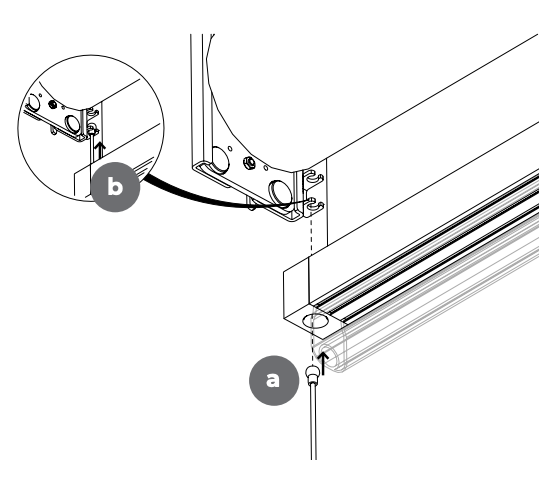 Fixed track side a inserted from below and side b routed through bracket corner, with callout detail showing wall-mount cable path.