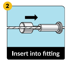 Cable end inserted into cylindrical fitting with arrow showing push direction, step 2