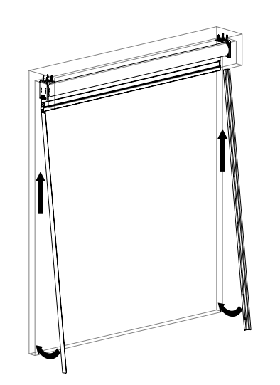 Two arrows showing zipper tracks sliding upward into mounted Zen 2 ceiling brackets during installation