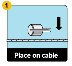 Step 1 diagram showing a cable end cap being placed downward onto a cable