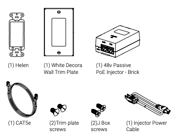 Helen coordinator kit contents: Helen device, white Decora wall trim plate, 48V passive PoE injector brick, CAT5e cable, two trim plate screws, two J box screws, and injector power cable