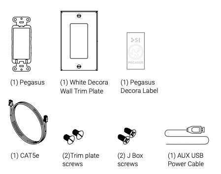 Pegasus in-box contents: device, white Decora wall trim plate, Decora label, CAT5e cable, trim plate screws, J box screws, and AUX USB power cable