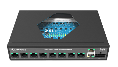 JANUS eight-shade power and RS-485 data hub with RJ45 and Phoenix ports, front angle view