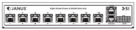 JANUS Eight Shade Power and RS485 Data Hub front panel with eight RJ45 ports and terminal connectors