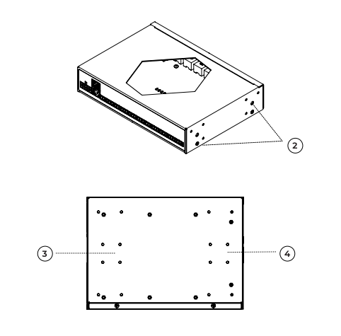 Janus unit isometric view with callout 2 highlighting side ports, and bottom panel diagram showing screw hole patterns labeled 3 and 4