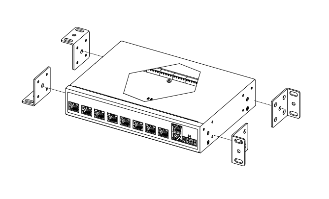 Exploded diagram showing Janus control unit with four rack-mount brackets aligning to each corner