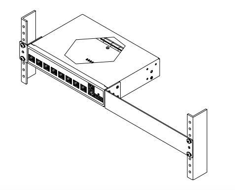 Janus control unit mounted between two vertical rack rails, isometric line drawing view