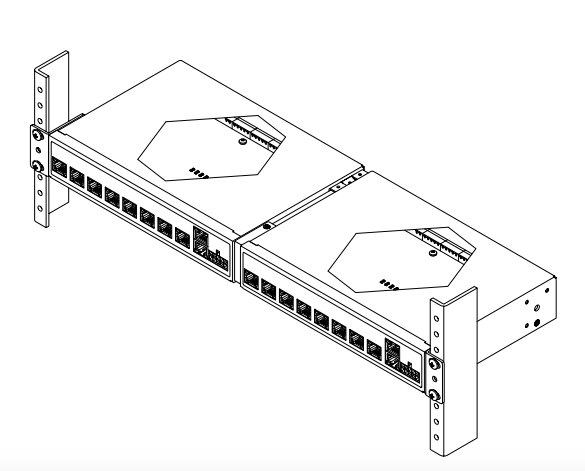 Two Janus units mounted side-by-side on rack rails, isometric line drawing view