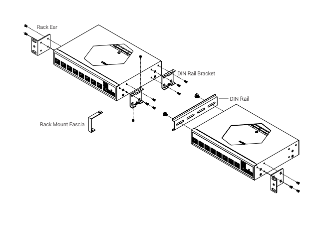Exploded diagram showing Janus rack ear, rack mount fascia, DIN rail bracket, and DIN rail mounting components assembly