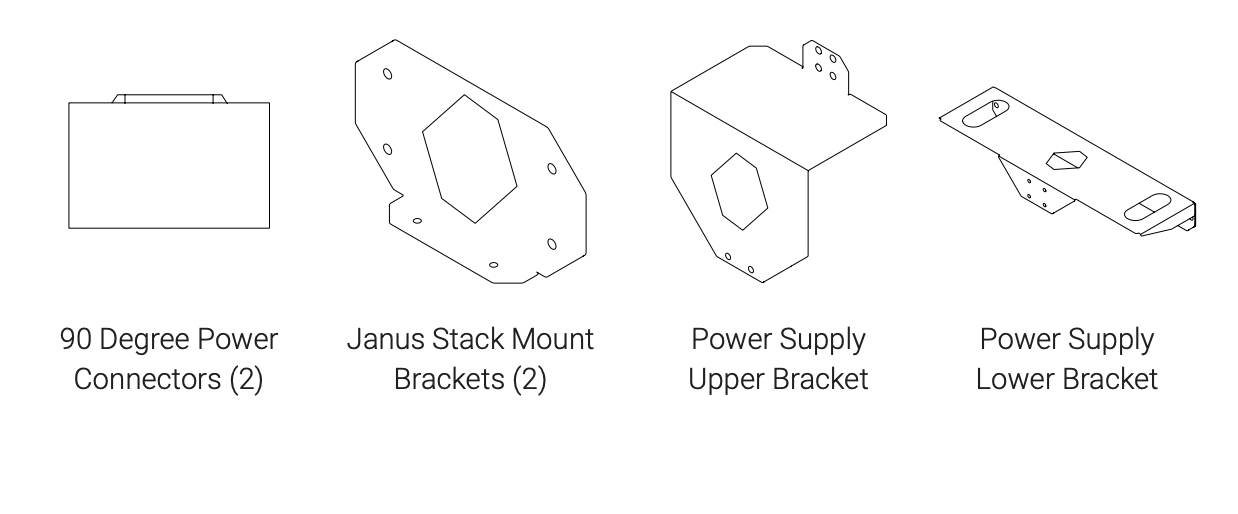 Line drawings of four Janus mounting hardware components: 90 Degree Power Connectors, Stack Mount Brackets, Power Supply Upper Bracket, and Power Supply Lower Bracket