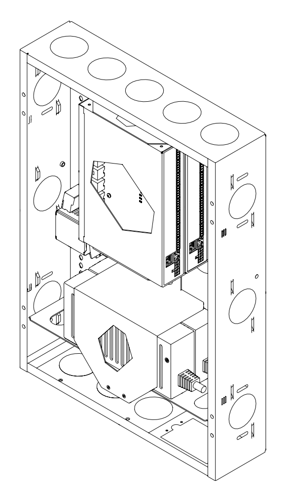 Isometric cutaway diagram of Janus enclosure showing internal motor controller, power supply, and cable routing knockouts