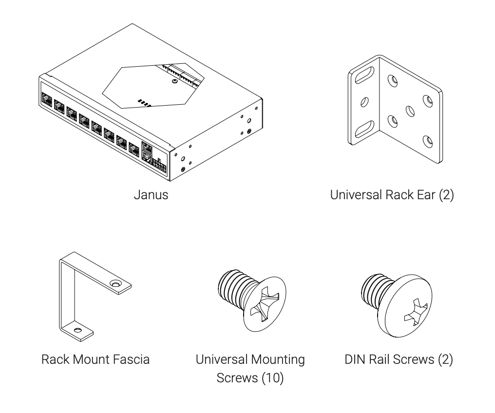 Exploded parts diagram showing Janus controller, two Universal Rack Ears, Rack Mount Fascia, ten Universal Mounting Screws, and two DIN Rail Screws