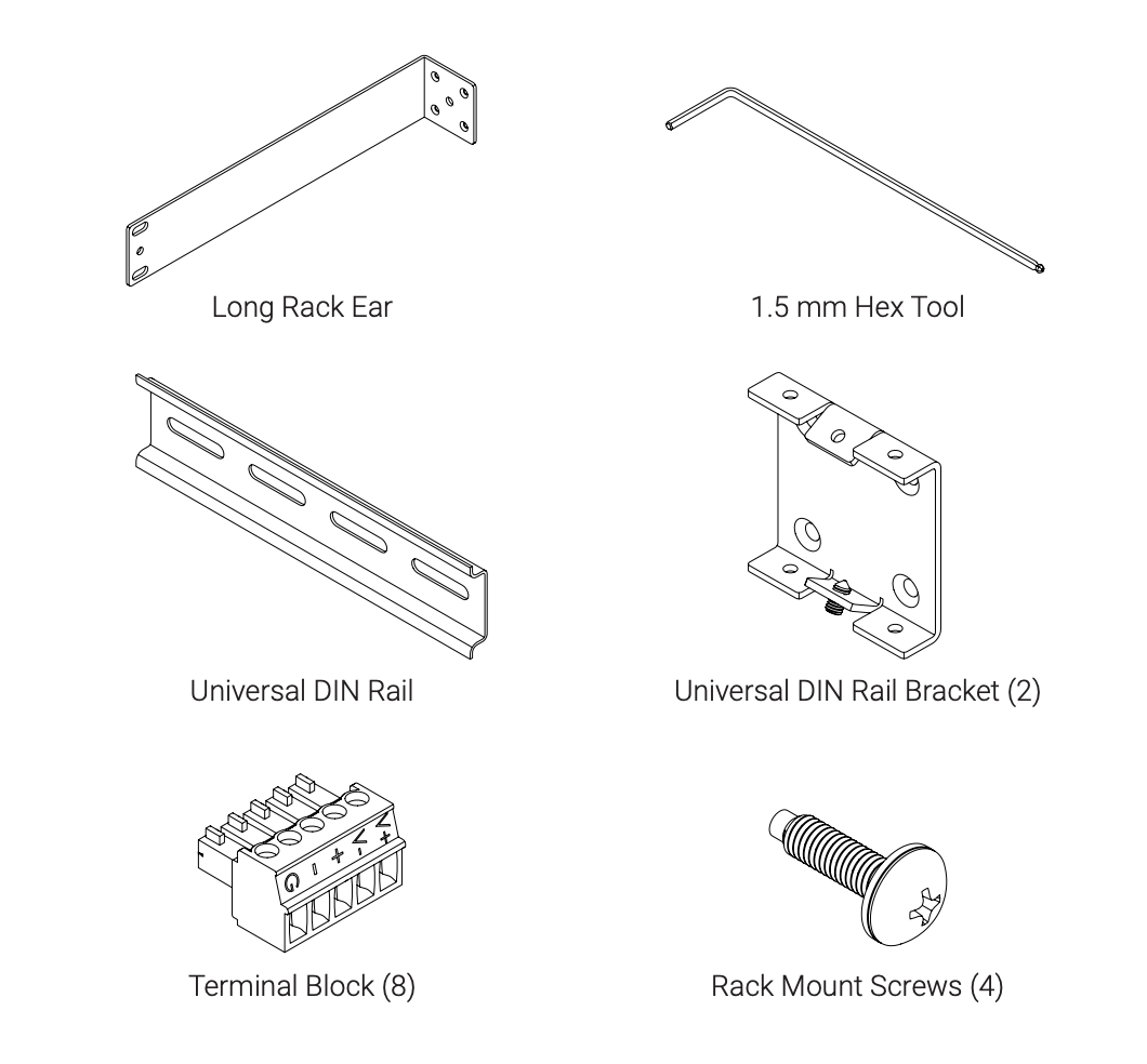 Exploded parts diagram showing Long Rack Ear, 1.5mm Hex Tool, Universal DIN Rail, Universal DIN Rail Bracket pair, eight Terminal Blocks, and four Rack Mount Screws