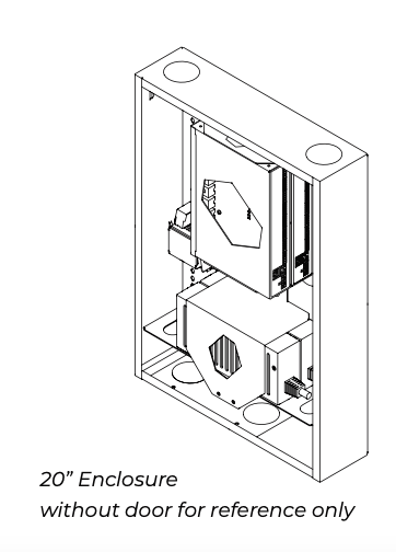 Line drawing of 20-inch enclosure interior showing Janus stack mount assembly without door, reference view