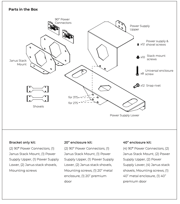 Exploded diagram showing Janus Stack Mount kit parts: Power Supply Upper, Lower, Stack Mount, Shovels, 90° Power Connectors, and labeled screws and snap rivets