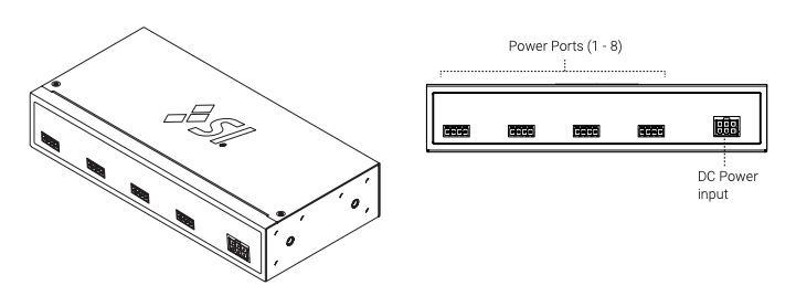 Kratos power hub isometric view and rear panel diagram showing eight power ports and DC power input