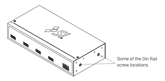 Kratos hub isometric view with callout indicating Din Rail screw locations on bottom edge
